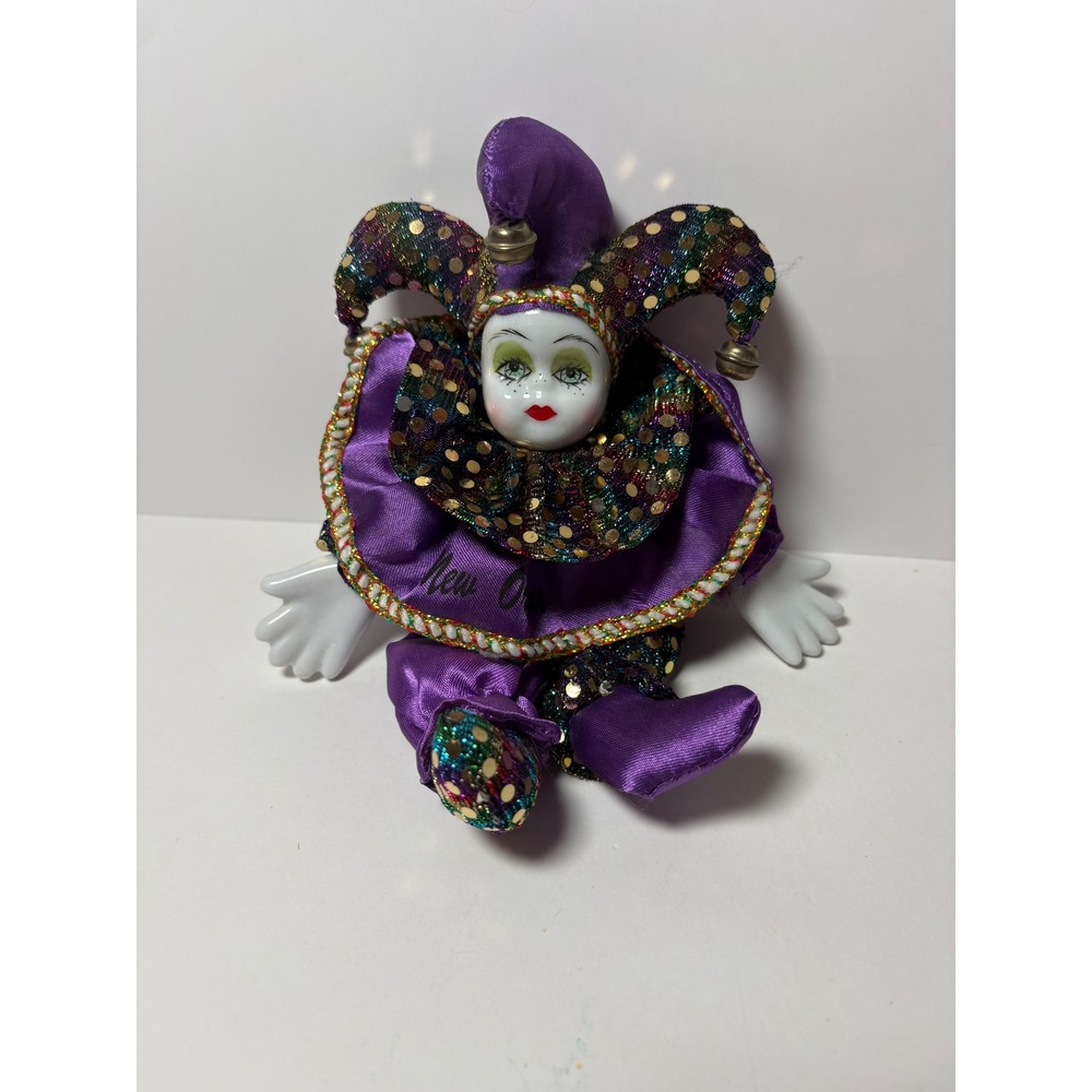 Vintage New Orleans Mardi Gras Jester Porcelain Doll Purple Sequin Harlequin